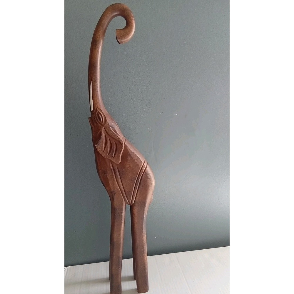 Wooden Elephant Statue‎ Hand Carved Trunk Up Good Luck Home Decor
